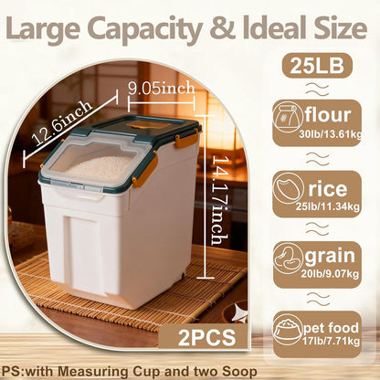 RUIAN 2Pcs Large Flour Storage Container Bin 50Lb Airtight Rice Storage Containers with Wheels Seal Locking Lid, BPA Free with Measuring Cup&Scoop for Flour, Rice, Grain 100LBS Total (Blue)