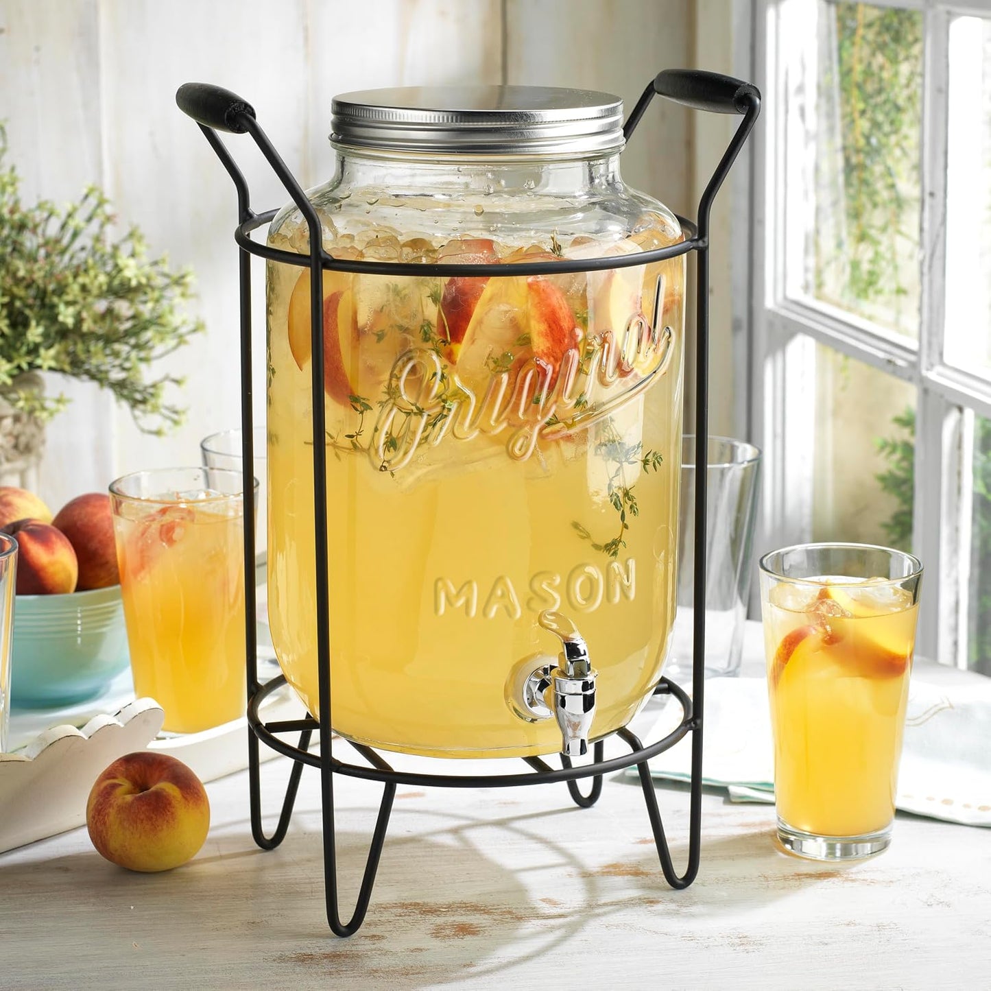 3 Gallon Classic Ice Cold Clear Glass Mason Jug Drink Beverage Dispenser Durable On Galvanized Stand With Leak Free Spigot-Easy Filling For Outdoor, Parties & Daily Use Lid