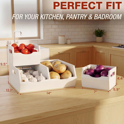 HOMESTEAD Stackable Solid Wood Storage Bins for Kitchen Pantry & Countertop, Ventilated Potato and Onion Basket Organizer with Handles, Wooden Produce Storage Containers, 3-Pack, Chestnut Finish