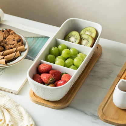 Miamolo 3 Compartment Condiment Tray, Chip and Dip Bowl with Wooden Serving Tray, Perfect for Snacks, Appetizers, Charcuterie, Chips, Candy, 10-inch Chip and Dip Serving Set for Parties
