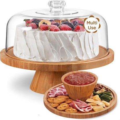 HBlife Cake Stand with Lid (11.4"), Multifunctional Cake Stand with Acrylic Dome, Acacia Wood 6-in-1 Cake Plate Display Stand with Cover for Baking Gifts, Birthday Kitchen Parties, Weddings