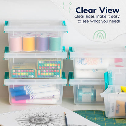 IRIS USA 12 Qt. Craft Storage Bins with Lids, 4-Pack, |Made in USA|, Clip Box, Medium Plastic Sensory Bin Tote Organizer Containers for Art Supplies, Paper, & Office, Stackable - Clear/Seafoam Blue