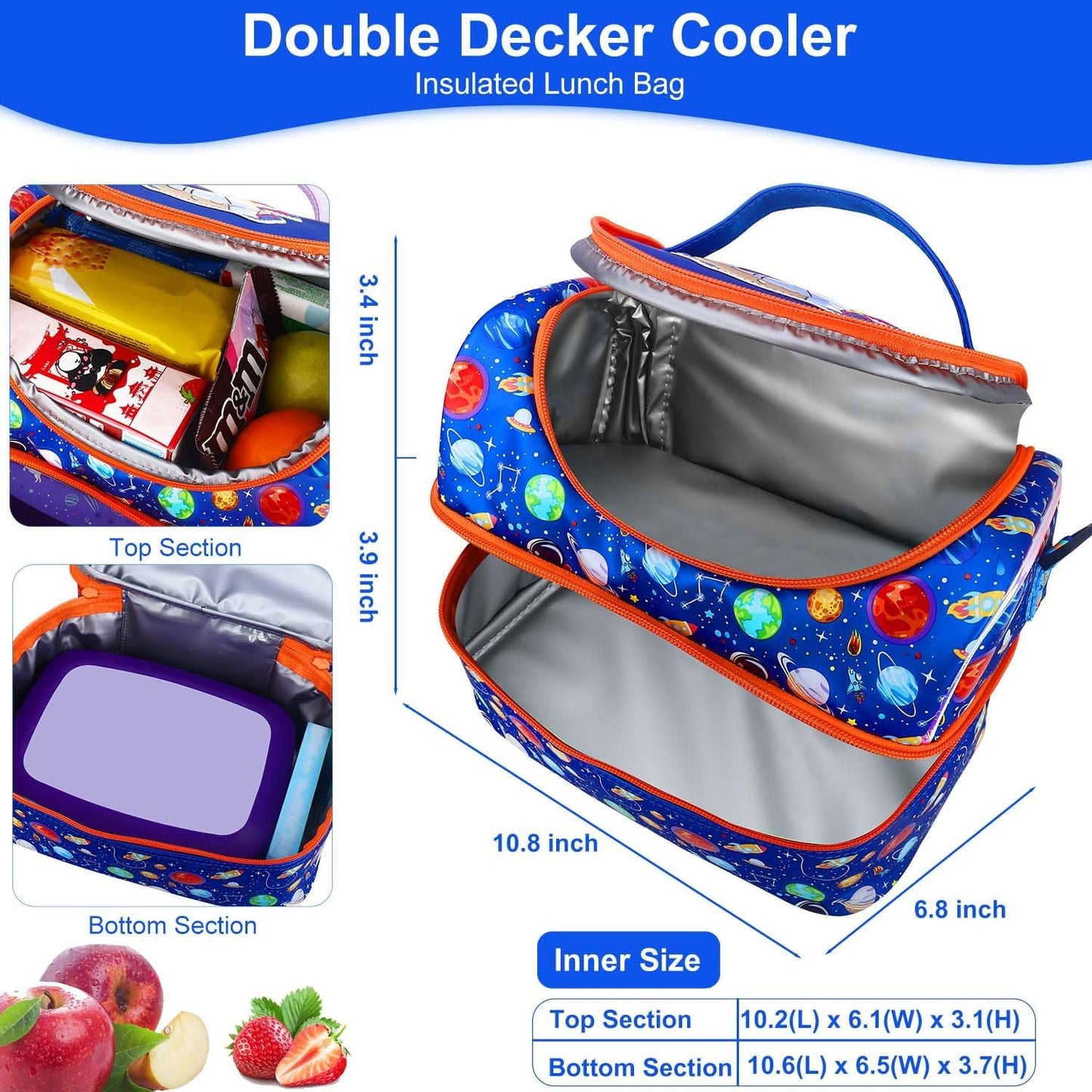 RHCPFOVR Kids Lunch Bag - Double - Decker Cooler Insulated Lunch Box for Boys Girls,Washable Lunch Bag with Strap and Reusable Toddler Lunchbox for School and Daycare