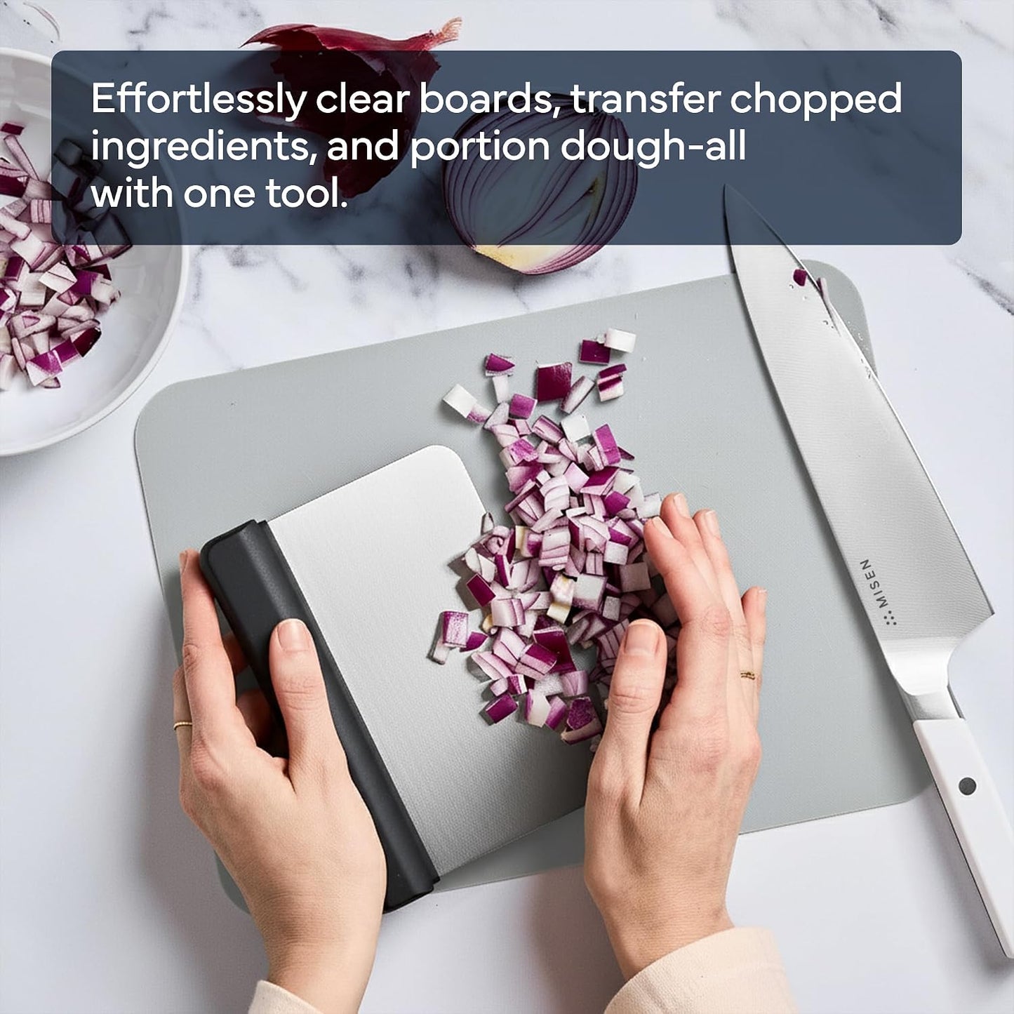 Misen Stainless Steel Bench Scraper - Versatile Food Scraper with Blue Handle - Ideal for Kitchen, Pastry & Dough - Durable Cutting Board Scraper Tool for Effortless Transfer into Pots & Pans - Blue