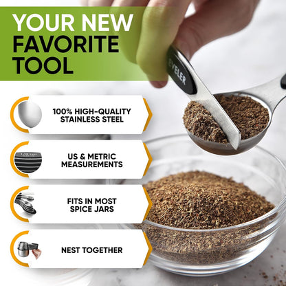 Spring Chef Magnetic Measuring Cups & Spoons Set, Patented, Strong N45 Magnets, Heavy Duty Stainless Steel Fits in Spice Jars for Baking & Cooking, BPA Free, Round Set of 15 with Leveler, Black