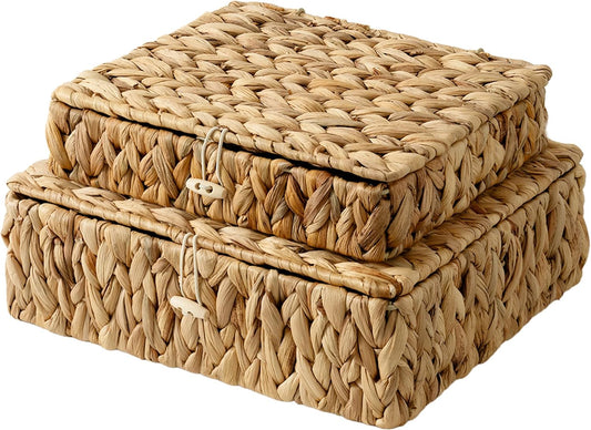 StorageWorks Wicker Basket with Lid, Flat Wicker Storage Bins with Lids, Decorative Storage Boxes with Lids, Water Hyacinth Baskets for Organizing, Woven Basket for Shelves