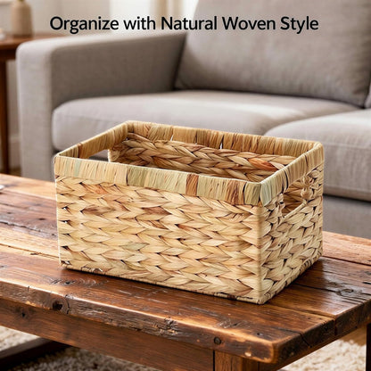 Water Hyacinth Storage Basket, Hand Woven Organizer Bin with Handles for Desktop, Cabinets, Shelves, Snack Organization, Decorative Home Storage, 11 x 7 x 6 in, 28.5 x 18 x 14 cm