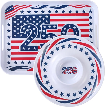 2 Pcs Serving Tray - 16'' Melamine Rectangle Tray with Handle and 13'' Chip and Dip Set of 2，Extra-Large Melamine Serving Platter for Eating, Appetizer, Snack, Fruit, Desserts，Happy Summer