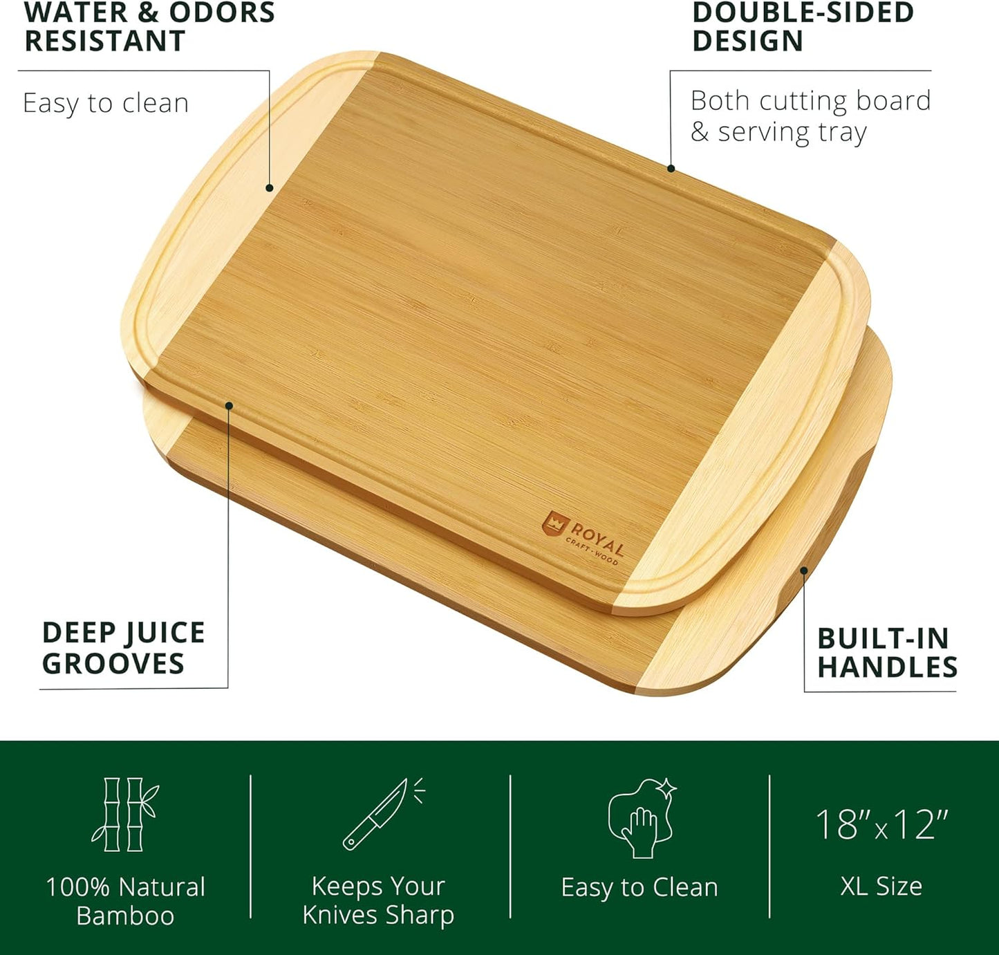 ROYAL CRAFT WOOD Wooden Cutting Boards for Kitchen Meal Prep & Serving - Bamboo Wood Serving Board Set with Deep Juice Groove Side Handles - Charcuterie & Chopping Butcher Block for Meat