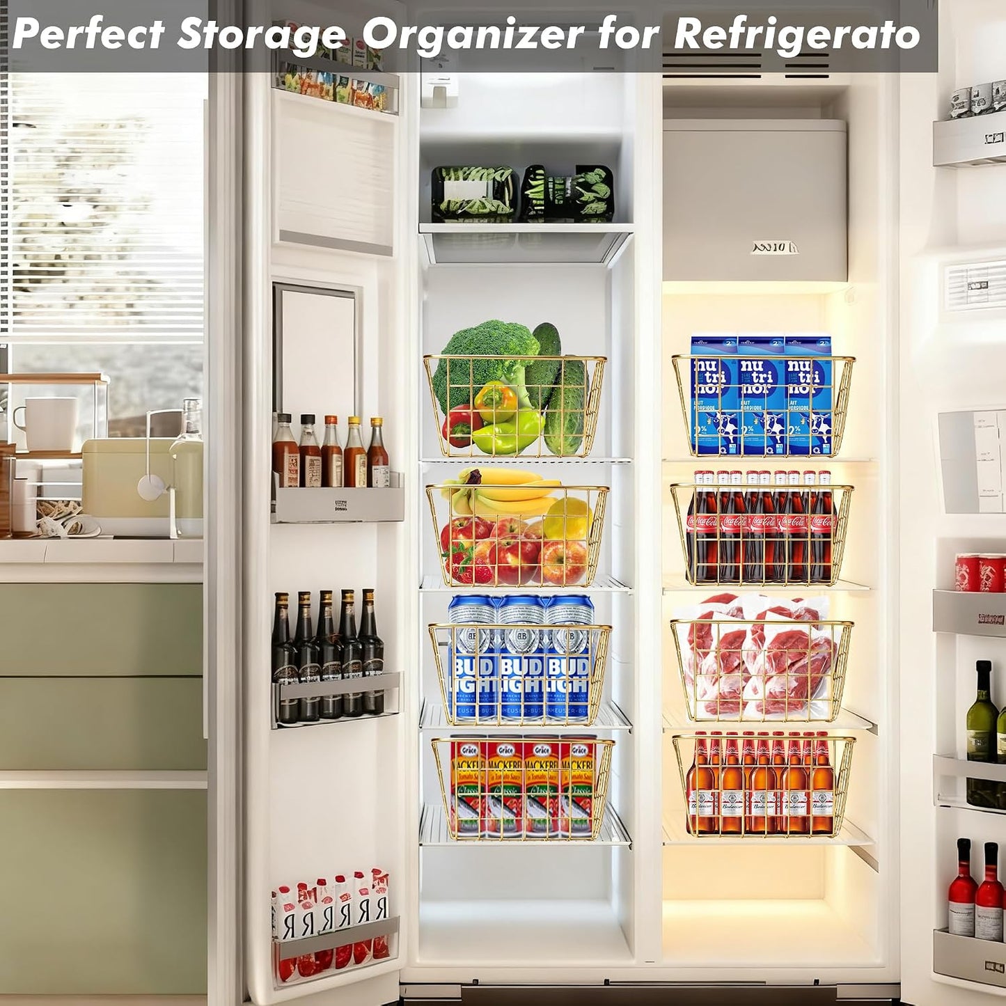 White Wire Storage Baskets,11.1"x8.7"x4.7"Wire Freezer Storage Organizer Bins Farmhouse Metal Freezer Basket with Handles for Cabinets, Pantry, Closets, Bedrooms,White,4 Pack