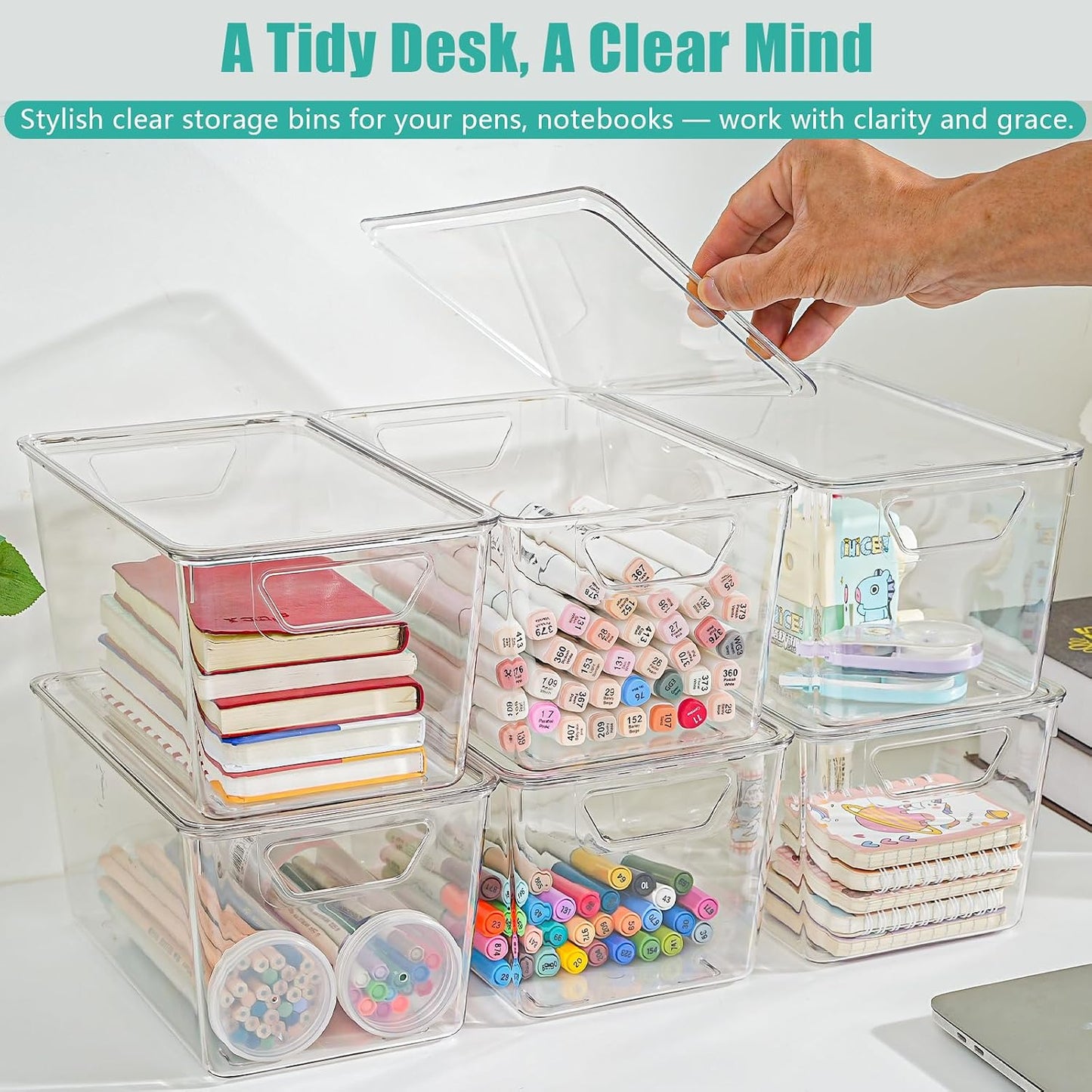 6 Pack Small Clear Storage Bins with Lids, Acrylic Arts and Craft Storage Containers, Stackable Clear Plastic Craft Storage Bins with Handles for Pantry Organizers and Storage, Kitchen, Fridge, Office
