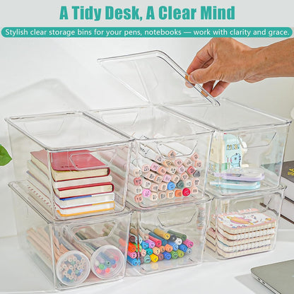 6 Pack Small Clear Storage Bins with Lids, Acrylic Arts and Craft Storage Containers, Stackable Clear Plastic Craft Storage Bins with Handles for Pantry Organizers and Storage, Kitchen, Fridge, Office