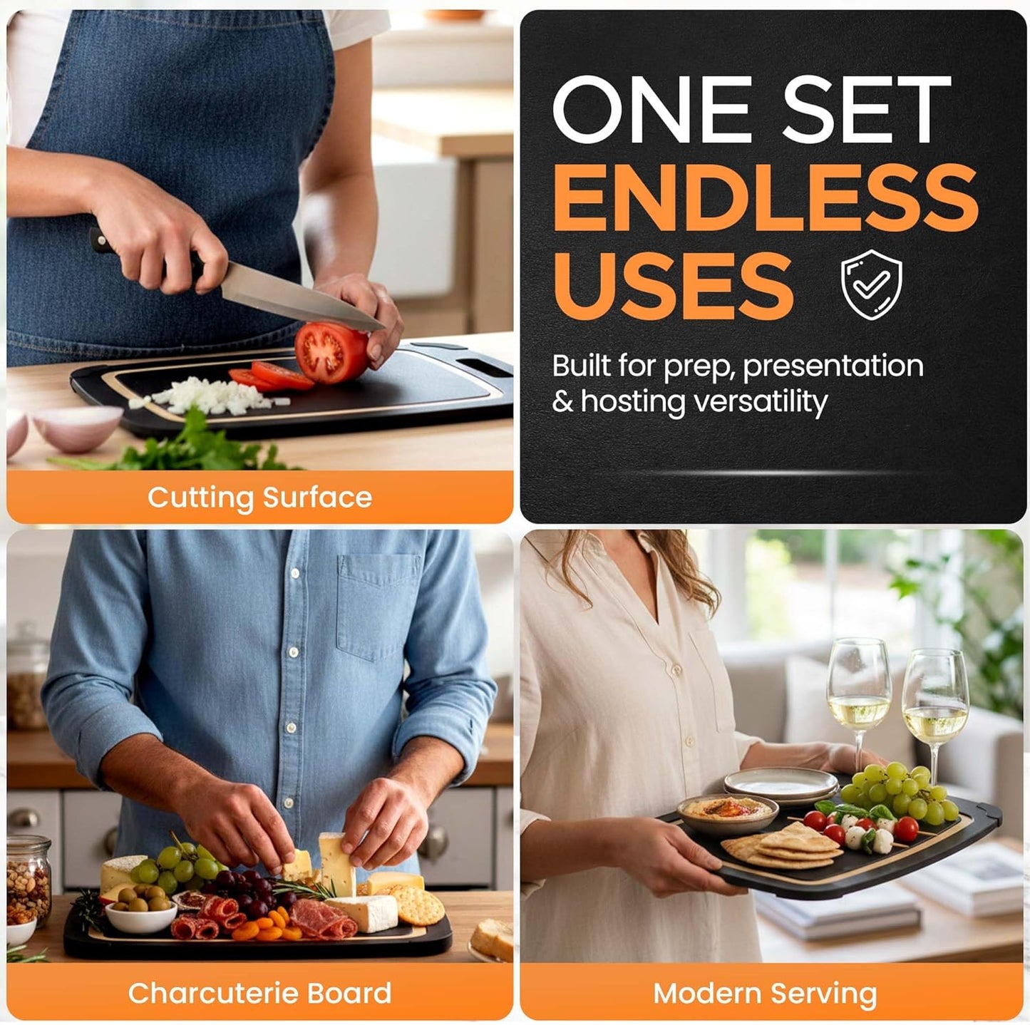 Earth's Dreams Composite Wood Cutting Board Set of 3 – Built In Juice Groove, Dishwasher Safe,Cutting Boards for Kitchen – Large, Medium & Small Non-Slip Wood Charcuterie & Chopping Boards (Tan/Black)