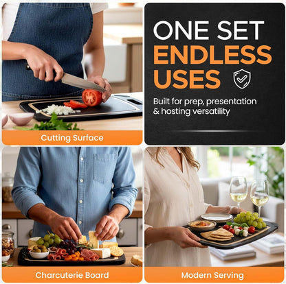 Earth's Dreams Composite Wood Cutting Board Set of 3 – Built In Juice Groove, Dishwasher Safe,Cutting Boards for Kitchen – Large, Medium & Small Non-Slip Wood Charcuterie & Chopping Boards (Tan/Black)