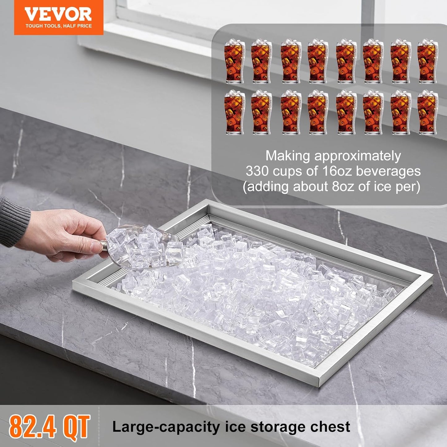 Happybuy Drop in Ice Chest 18L x 12W x 14.5H Inch Stainless Steel Ice Cooler with Sliding Cover Drop in Ice Bin Included Drain-Pipe and Drain Plug for Cold Wine Beer