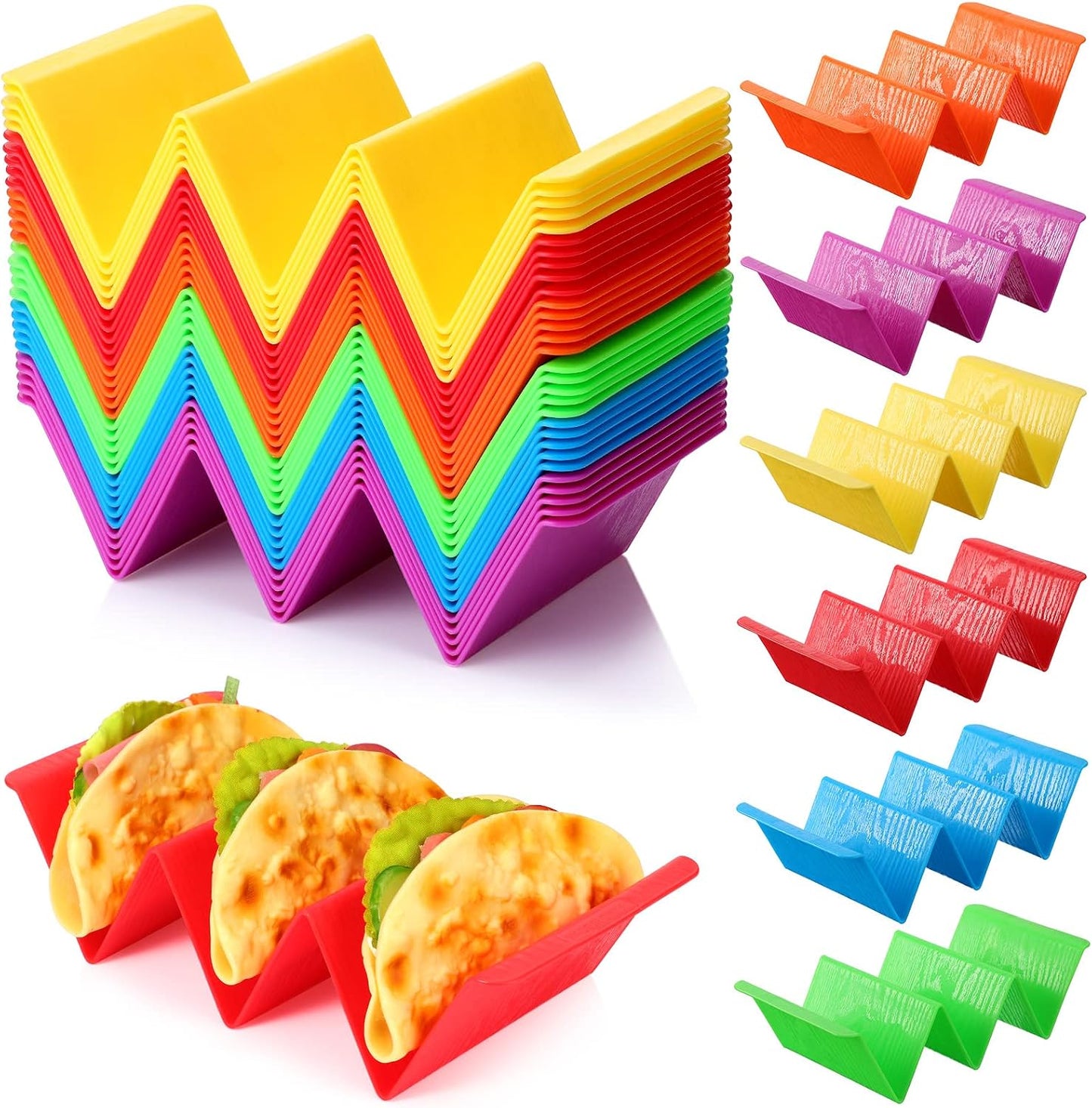 60 Pack Colorful Taco Holder Stands Plastic Large Taco Tray Plates Hold 2 or 3 Each Rack Server Hard Tortilla Holder for Party Platter Rack Dishwasher Microwave Safe