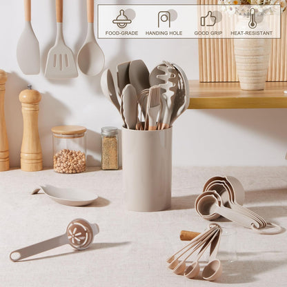 E-far Silicone Cooking Utensils Set, 5-Piece Kitchen Utensils Set with Wooden Handle for Cooking, Silicone Kitchen Nonstick Tools Spatula Turner Slotted Spoons, Nontoxic & Heat Resistant-Khaki