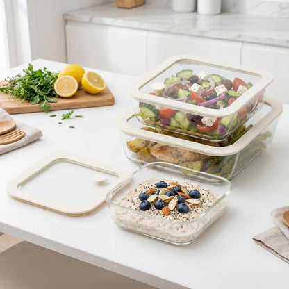 Urban Green Glass Food Container Set with Glass Lid, 3 Pack, Food Storage Containers Set, Airtight, LeakProof, 100% Plastic Free, Meal Prep Containers (White Color)