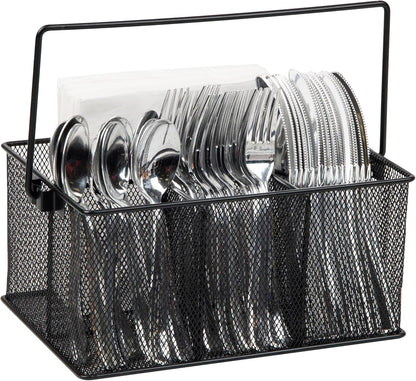 Mind Reader Multi-purpose Storage Caddy with Handle, Desktop Organizer, Cutlery Holder, 4 Compartments, Metal Mesh, Black