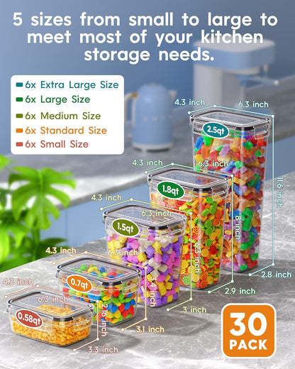 Airtight Food Storage Containers with Lids, 24 PCS Kitchen and Pantry Organization Canisters, BPA-Free, PVC-Free, Food-grade Plastic Leak-proof Jars for Cereal, Flour, Sugar, Extra 24 Labels & Marker