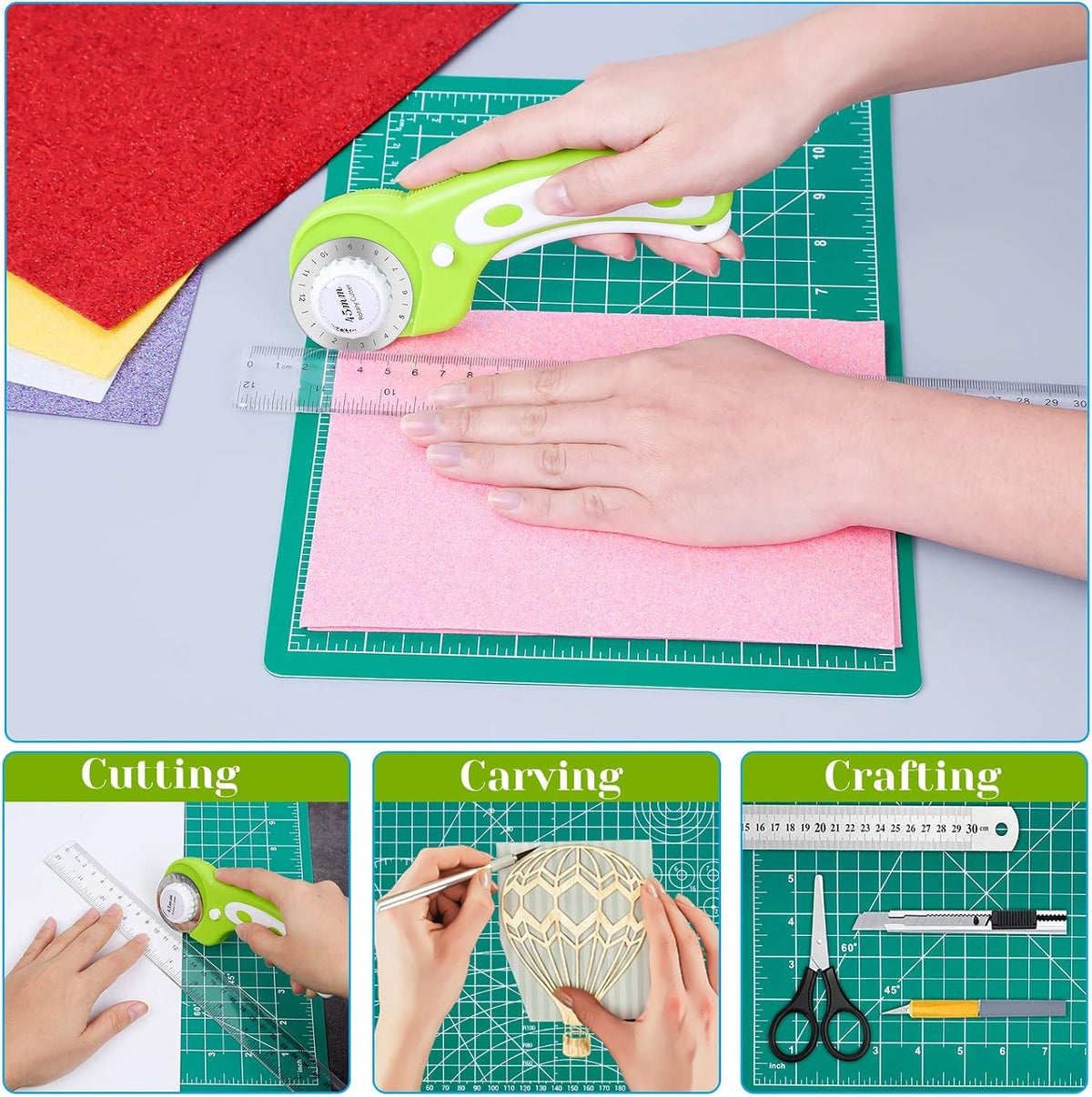 Rotary Cutter and Mat Set, Audab Self Healing Sewing Mats Shirt Cutter 45mm Fabric Cutter Wheel with 2 Blades Rotary Cutting Mat for Crafts Fabric Quilting Hobby (9" x 12" (A4)