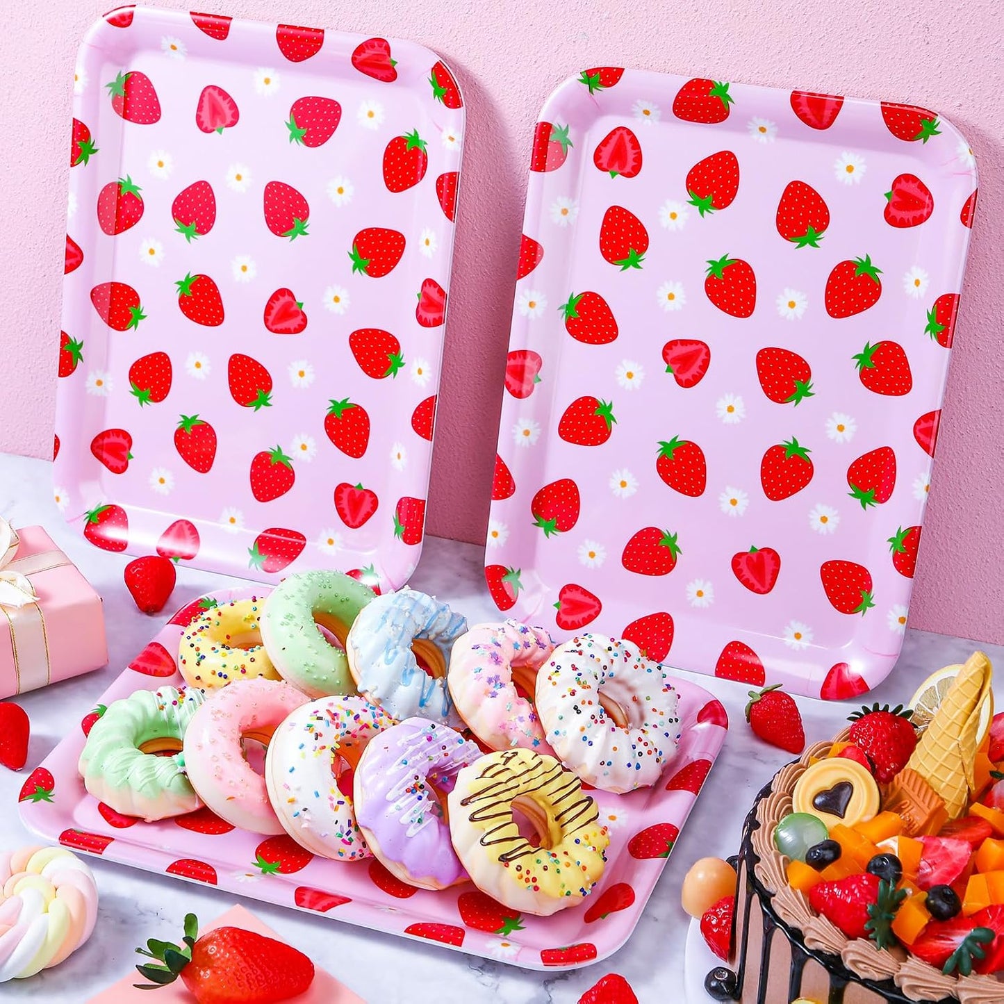 RattanView 3 Pcs Strawberry Trays Strawberry Birthday Party Decoration Plastic Serving Trays pink Platter Pink Reusable Plates 13 x 10 Inch Berry Sweet One Birthday Party Supplies