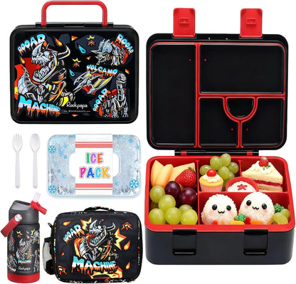 rockpapa Chill Kids Lunch Box Set with Leakproof 5.5 Cups Bento Box, Reusable Ice Pack, 14oz Insulated Water Bottle & Lunch Bag, BPA-Free Microwave Safe for School Boys Girls (Black Games)