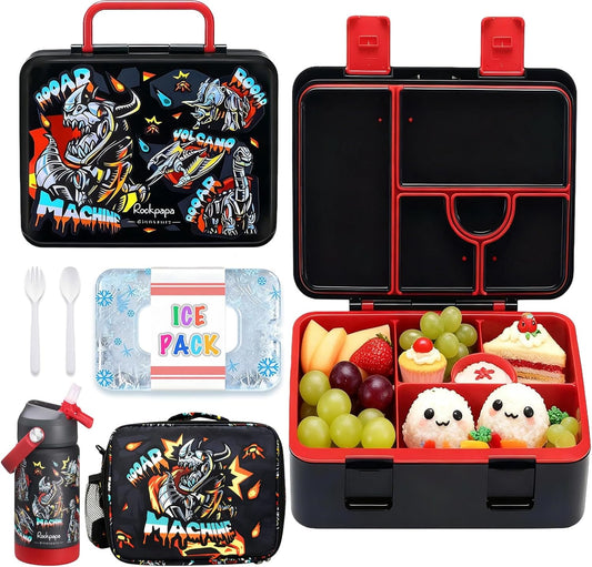 rockpapa Chill Kids Lunch Box Set with Leakproof 5.5 Cups Bento Box, Reusable Ice Pack, 14oz Insulated Water Bottle & Lunch Bag, BPA-Free Microwave Safe for School Boys Girls (Black Games)
