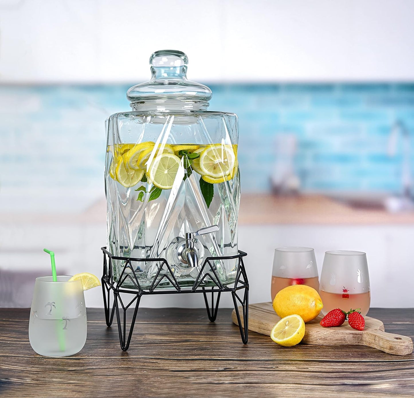 Glacial Ice Design Glass Beverage Dispenser with SS Spigot and Stand - 2.5 Gal