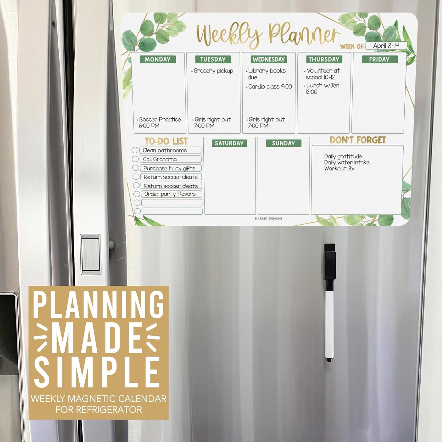 Greenery Dry Erase Weekly Calendar for Fridge - Magnetic Whiteboard, Schedule Board, White Board