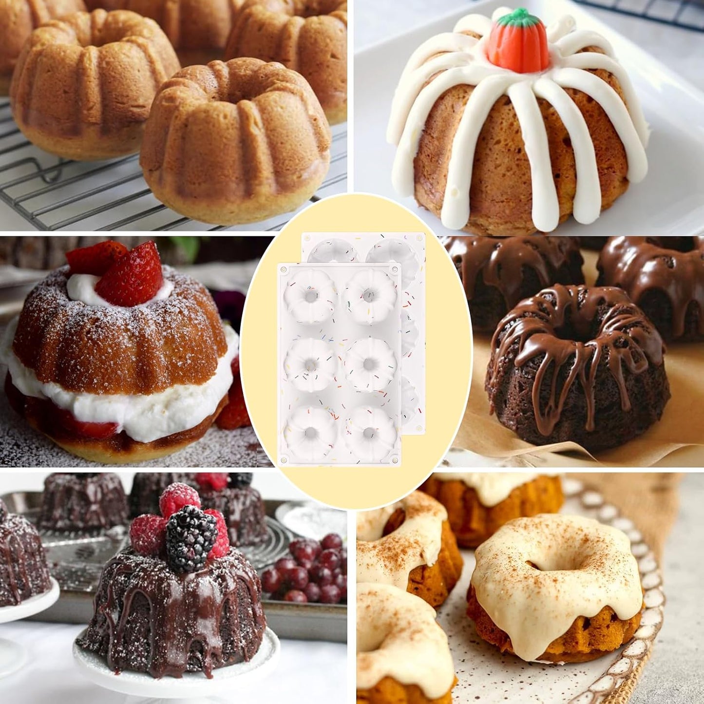 HUAKENER 2 Pcs Mini Fluted Cake Pan, 6-Cavity Fluted Cake Mold, Non-stick Silicone Baking Mold for Cupcakes, Donuts, Cornbread, Brownies, Jellies