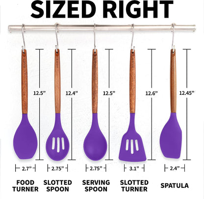 Zulay Kitchen Utensils Set Non-Stick Silicone Cooking Utensils Set with Authentic Acacia Wood Handles - 5 Piece Silicone Utensil Set - Kitchen Utensils Set with 464°F Heat Resistance - Gray