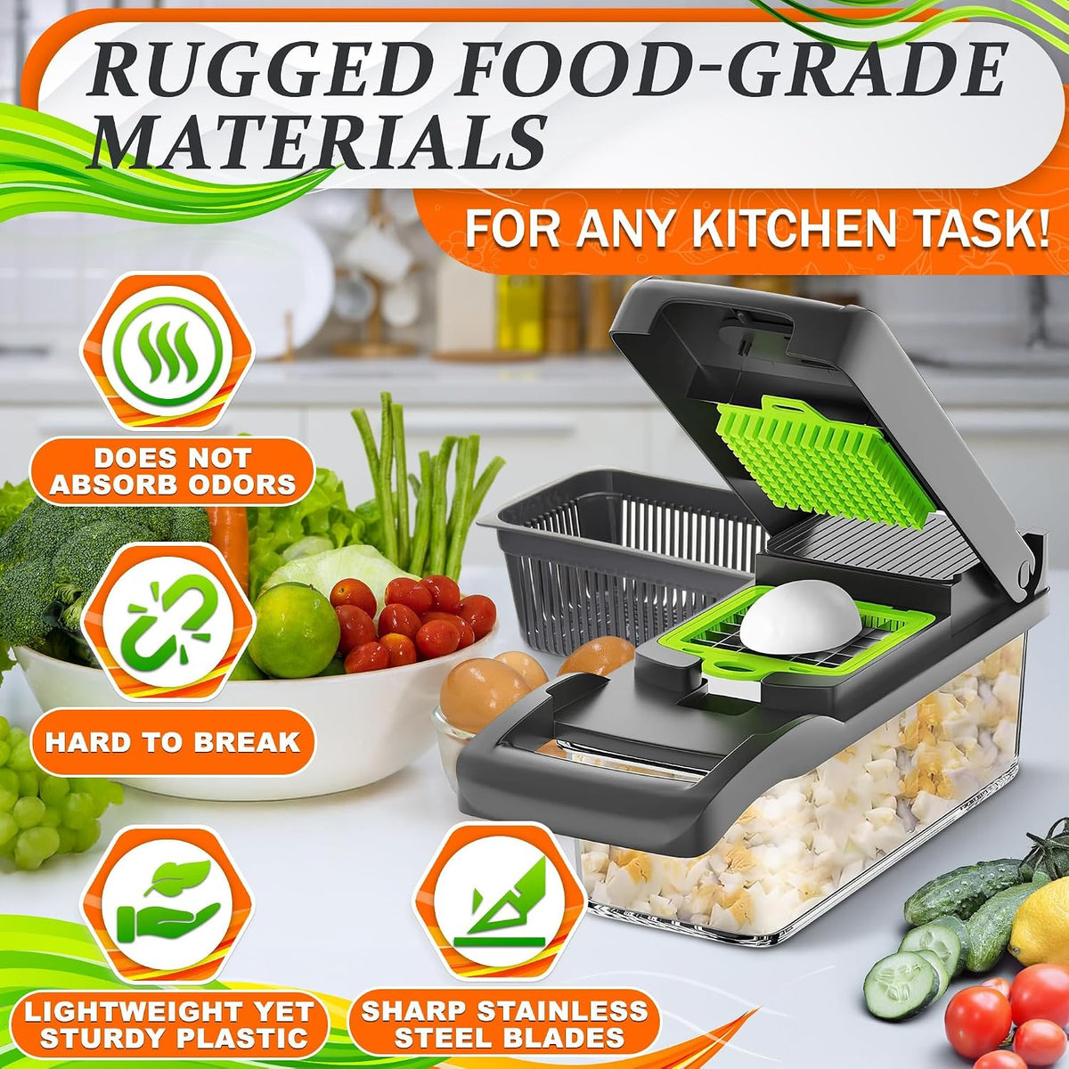 14-in-1 Vegetable Chopper with Container, 6 Blades & Finger Guard