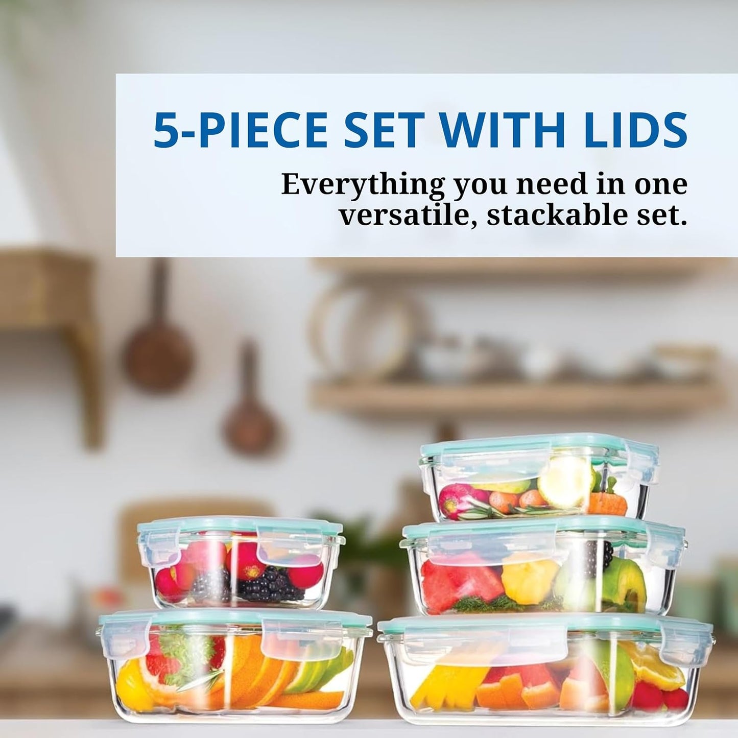 Westinghouse 5-Piece Glass Food Storage Container Set with Airtight Lids - BPA-Free, Stackable, Leakproof, Freezer, Microwave, Oven & Dishwasher Safe Meal Prep Containers - 320ml to 1050ml