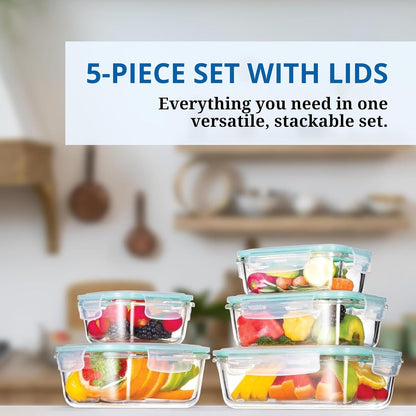 Westinghouse 5-Piece Glass Food Storage Container Set with Airtight Lids - BPA-Free, Stackable, Leakproof, Freezer, Microwave, Oven & Dishwasher Safe Meal Prep Containers - 320ml to 1050ml
