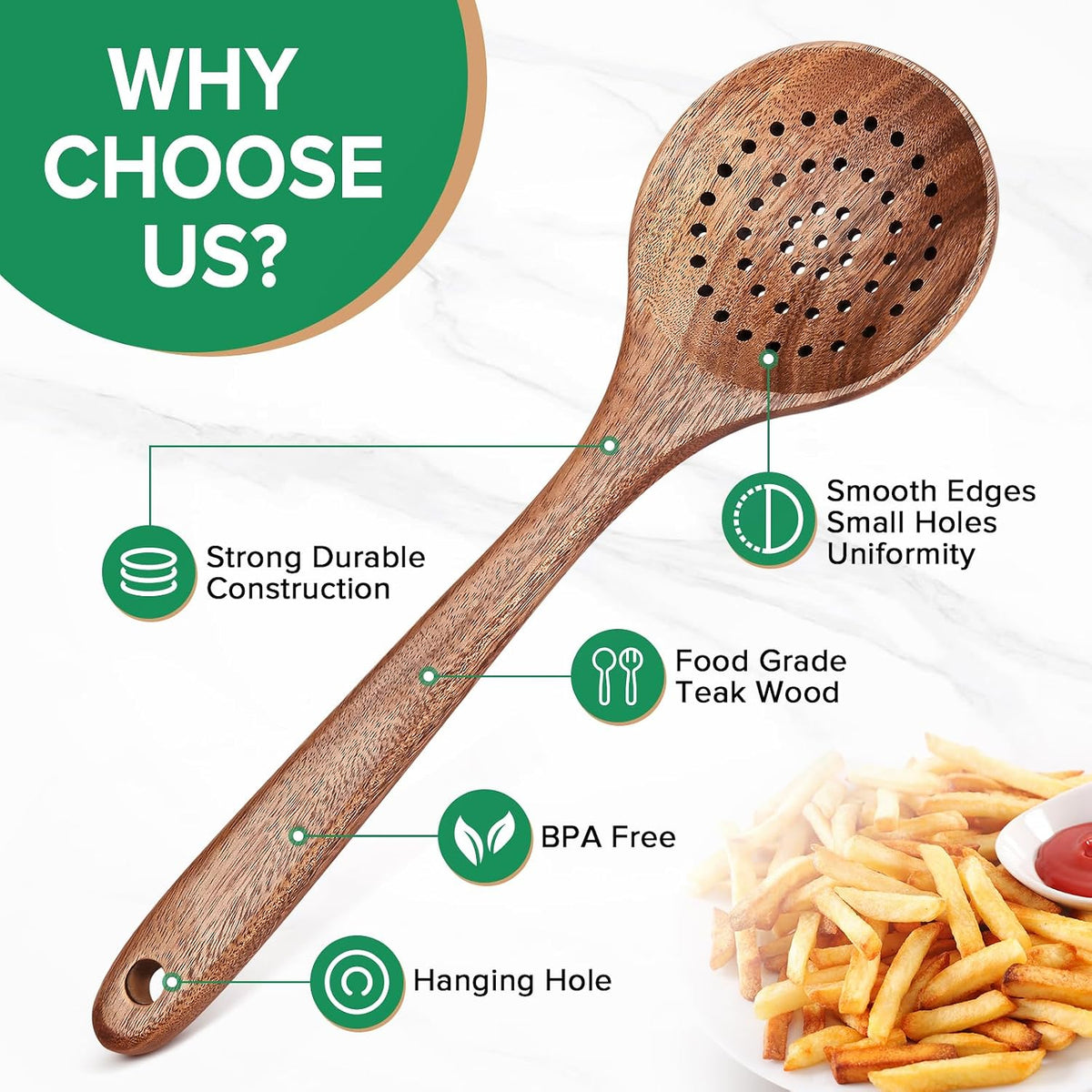 Wooden Slotted Spoon for Cooking, Teak Skimmer Strainer,11.2″