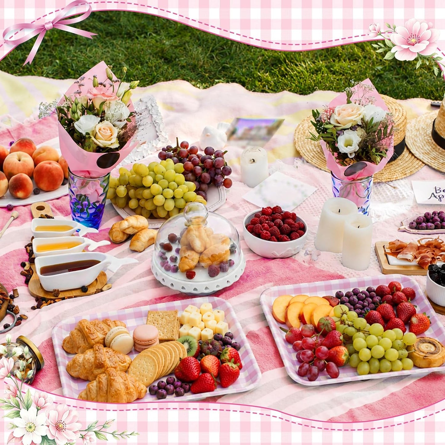 Vesici 3 Pcs Cherry Bow Serving Trays 13 x 10 Inch Pink Bow Cherry Melamine Platters Reusable Rectangular Serving Dishes for Coquette Wedding Baby Shower Birthday Party Sharing Snack Fruit Dessert