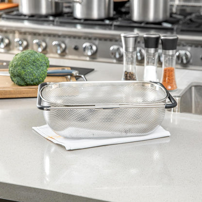 Restaurantware Colander 1 Count 5.5 qt Dishwasher-Safe Stainless Steel Coarse Mesh Colander with Over-The-Sink Expandable Handles Kitchen Strainer Basket for Pasta, Fruits, and Vegetables