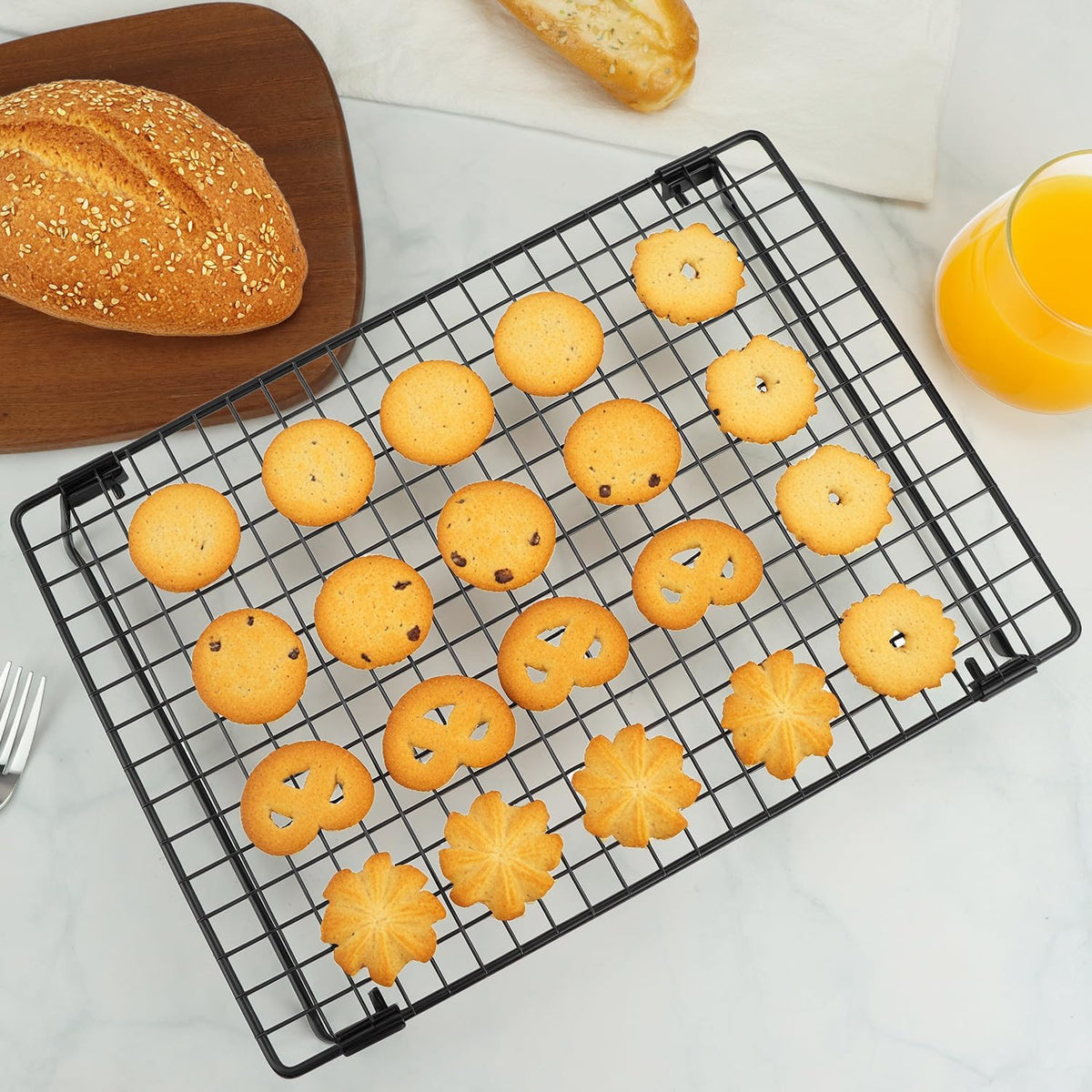QWORK Stackable Cooling Racks for Baking and Cooking, 2 Pack 13.4x9.4 Inch Nonstick Carbon Steel Wire Rack, Foldable Cooling Rack