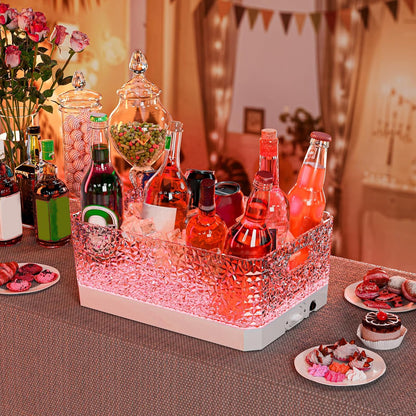 Plastic Ice Bucket for Parties, 15Liter / 4 Gallon Big Large Clear Beverage Tub for Champagne Beer Drink Wine Cocktails Bar, Hosting Party Essentials, LED Light Up, Rectangular, Leakproof