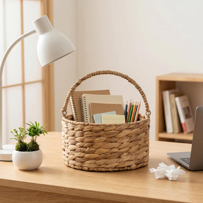 Round Water Hyacinth Storage Basket Handwoven Boho Decor with Handle for Bathroom, Living Room & Kitchen Countertop Organizer 9.84” x 5.51”