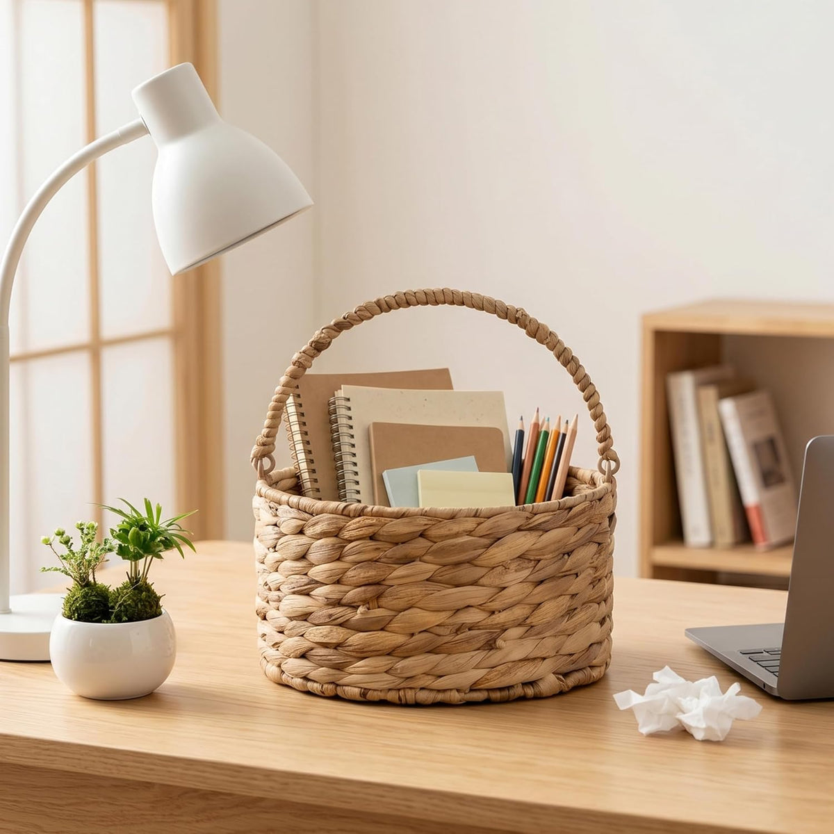 Round Water Hyacinth Storage Basket Handwoven Boho Decor with Handle for Bathroom, Living Room & Kitchen Countertop Organizer 9.84” x 5.51”