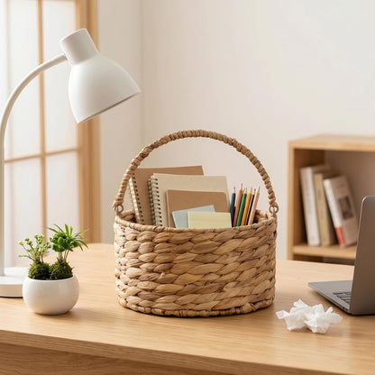 Round Water Hyacinth Storage Basket Handwoven Boho Decor with Handle for Bathroom, Living Room & Kitchen Countertop Organizer 9.84” x 5.51”
