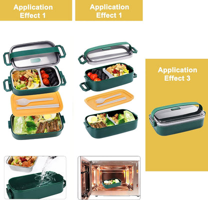 Stainless Steel Bento Box for Adults&Kids,Japanese Leakproof Lunch Box Divided Food Meal Storage Containers Set Stackable 2 Layer for Children School Picnic Beige