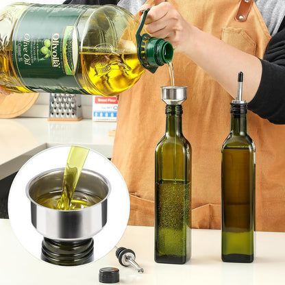 AOZITA 17oz Glass Olive Oil Bottle Dispenser - 500ml Green Oil and Vinegar Cruet with Pourers and Funnel - Olive Oil Carafe Decanter for Kitchen