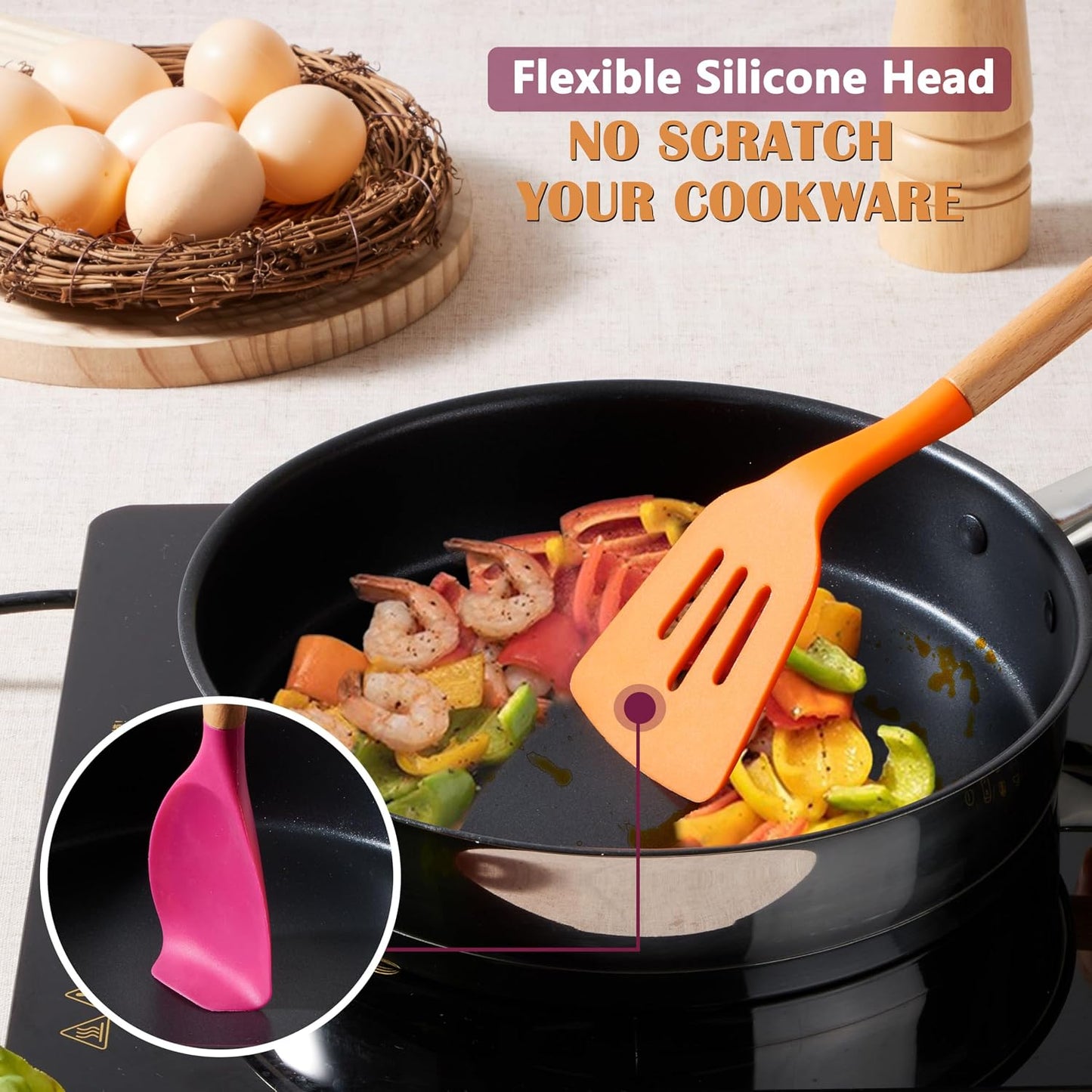 E-far Silicone Cooking Utensils Set, 5-Piece Kitchen Utensils Set with Wooden Handle for Cooking, Silicone Kitchen Nonstick Tools Spatula Turner Slotted Spoons, Nontoxic & Heat Resistant-Khaki
