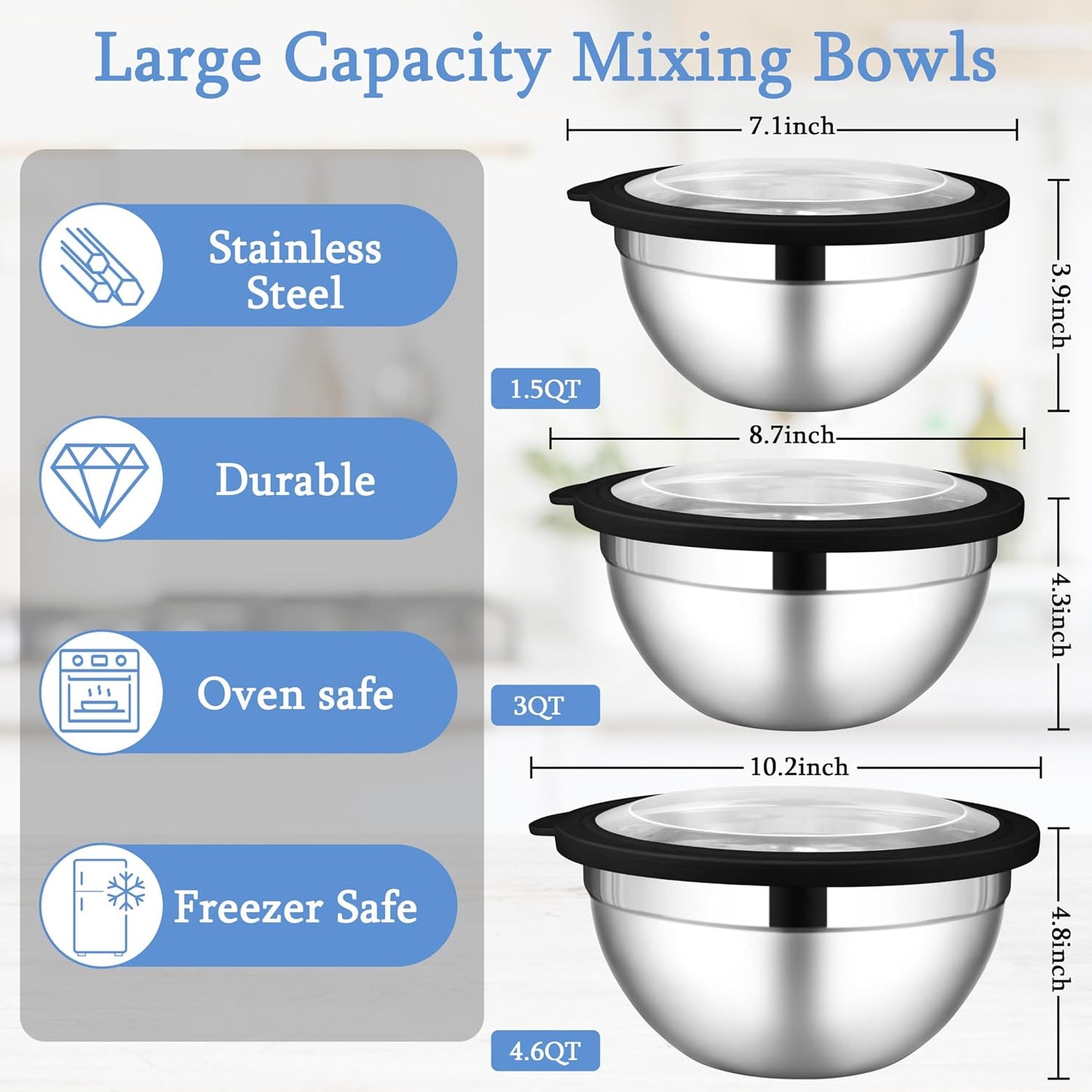 LIANYU Mixing Bowls with Airtight Lids Sets, 3 Packs Stainless Steel Metal Mixing Bowls, Ideal for Prepping, Cooking, Storage, Serving, Freezer & Dishwasher Safe, Khaki