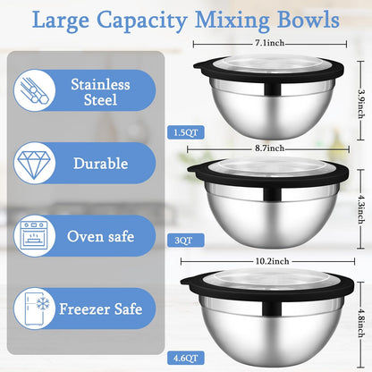 LIANYU Mixing Bowls with Airtight Lids Sets, 3 Packs Stainless Steel Metal Mixing Bowls, Ideal for Prepping, Cooking, Storage, Serving, Freezer & Dishwasher Safe, Khaki