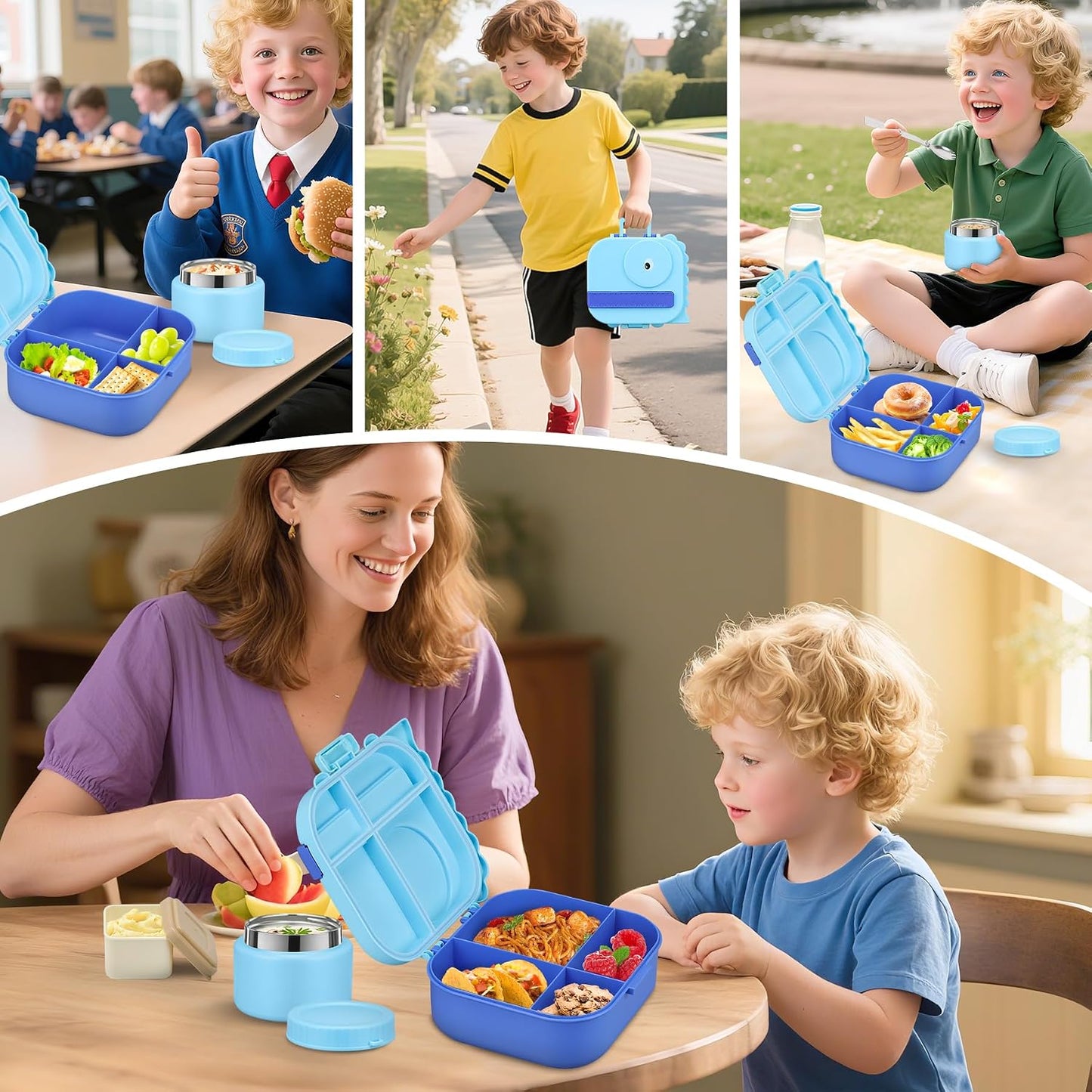 Lunch Box Kids with 5 Compartments, Insulated Food Jar & Utensils, Leak Proof Bento Box with Sauce Container, BPA-Free & Dishwasher Safe, Dinosaur Design(Purple)