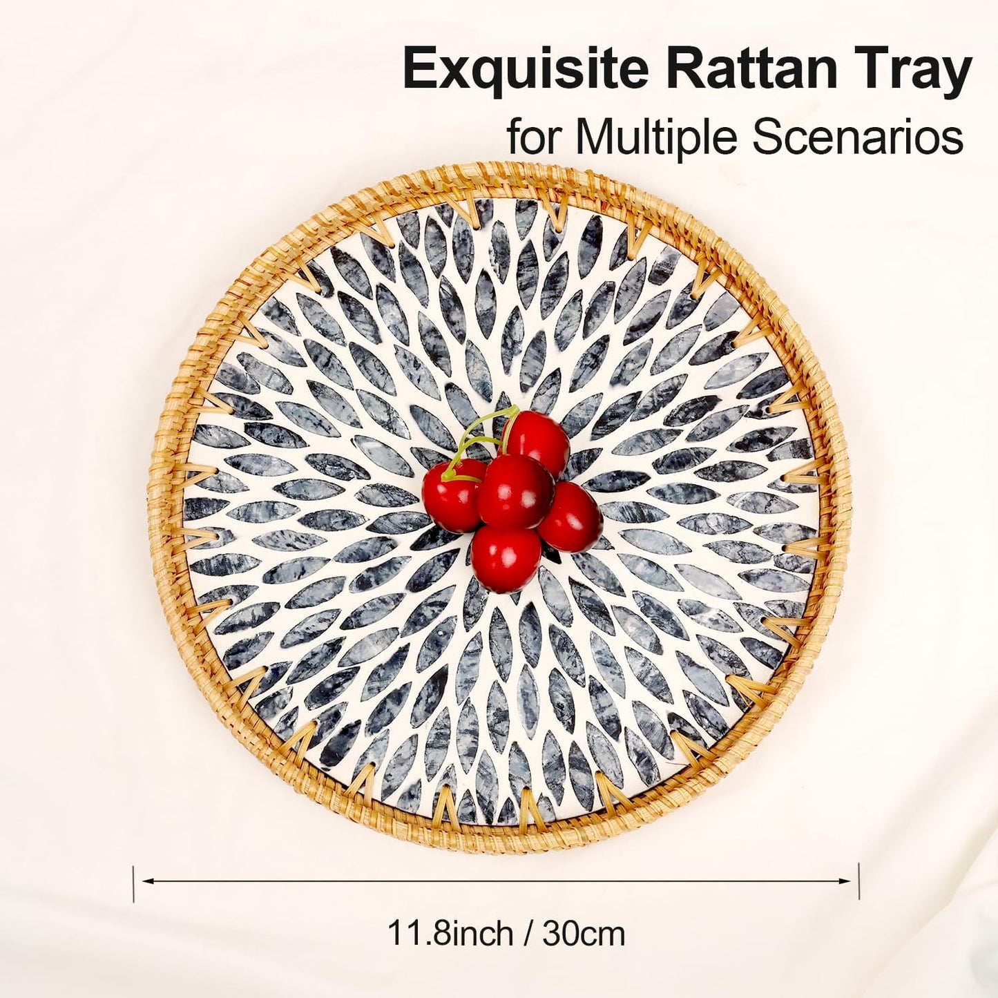 Round Rattan Tray with Mother of Pearl Inlay, Rattan Serving Tray for Coffee, Bread, Fruits, Decorative Wicker Tray for Table Decor, Home Decor, Kitchen Island Decor(Black Checkerboard, 11.8")